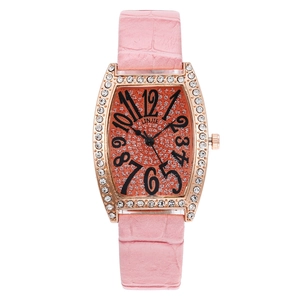 Fashionable rose gold tonneau watch for women with rhinestone bezel and pink leather strap