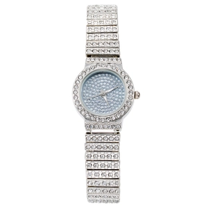 Women's silver fashion watch with full rhinestone inlay and minimalist round dial
