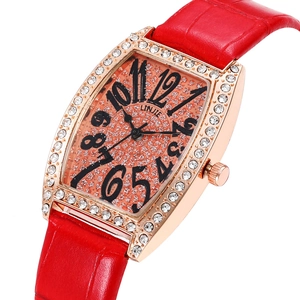 Fashionable tonneau quartz watch for women with rhinestone bezel and red leather strap