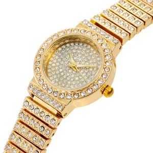 Luxurious gold-tone women's quartz watch fully iced out with sparkling rhinestones