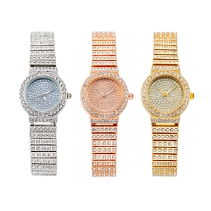 Elegant women's quartz watch in silver, gold, and rose gold with full diamond sparkling band