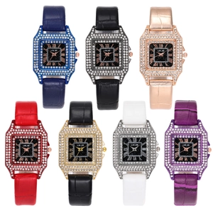 Various colors of stylish square quartz watches with diamond bezels and leather straps