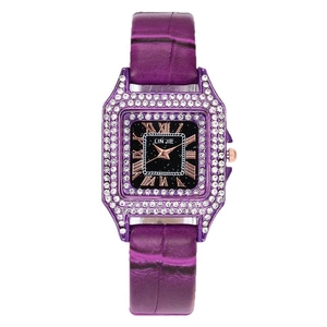 Women's luxury square purple watch with rhinestone bezel and roman numeral dial