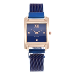 Elegante roségoldene quadratische Damenuhr mit blauem Zifferblatt und Magnetarmband