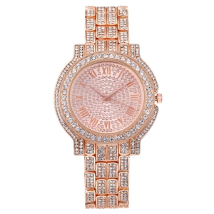 Luxurious rose gold women's watch with Roman numerals and full rhinestone embellishment