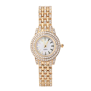 Luxury gold women's watch with full diamond-set steel band and quartz movement
