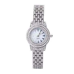 Luxury women's quartz watch with silver steel band and full rhinestone embellishments