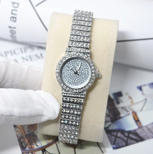 Macro shot of luxury silver quartz watch for women with full diamond inlay and metal strap