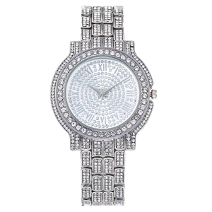 Luxury silver-toned quartz watch with full diamond setting and Roman numerals