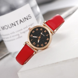 Macro shot of starry sky dial with gold numerals and red leather watch strap detail