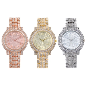 Luxury iced-out quartz watches with roman numerals in rose gold, gold and silver