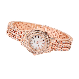 Elegant rose gold women's quartz watch with crystal-encrusted bezel and metallic link strap