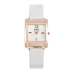 Montre quartz rectangulaire or rose élégante avec bracelet en cuir blanc et chiffres romains