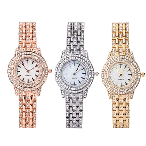 Luxury women's quartz watch set with full rhinestones in rose gold, silver and gold finish