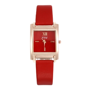 Montre à quartz carrée pour femme avec bracelet cuir rouge et boîtier or rose
