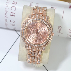 Elegant rose gold watch with full diamond inlay and classic Roman numerals dial