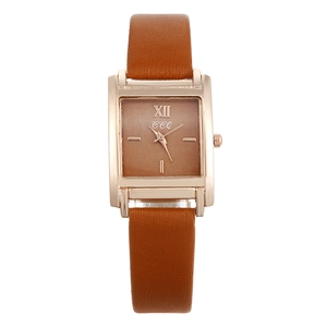 Montre à quartz carrée pour femme avec bracelet en cuir brun et boîtier en or rose