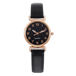 Women's minimalist quartz watch with black starry sky dial and rose gold metal case