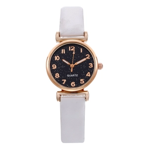 Elegant women's quartz watch featuring a black starry sky dial and white leather strap