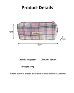 Pink and blue checkered pencil case dimensions 19x7x6cm made of durable polyester material