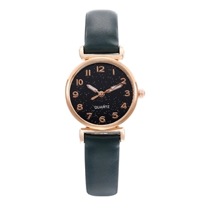 Elegant women's quartz watch with green leather strap and starry black dial in rose gold
