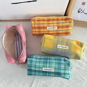 Four colorful plaid canvas pencil bags with large capacity and zipper closure