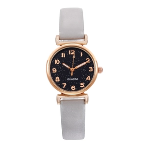 Elegant ladies quartz watch featuring a starry sky dial and grey leather strap