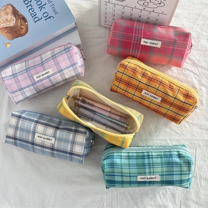 Set of 6 colorful checkered fabric pencil cases with large capacity for stationery storage