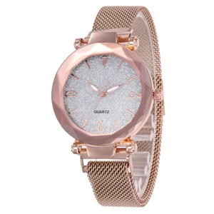 Montre à quartz élégante en or rose pour femme avec bracelet en maille et cadran pailleté