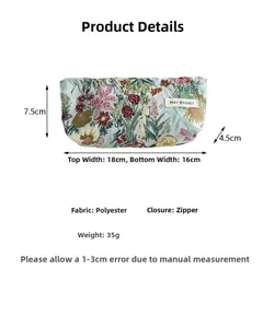 Size chart showing 18x7.5cm dimensions of this floral embroidered canvas cosmetic pouch