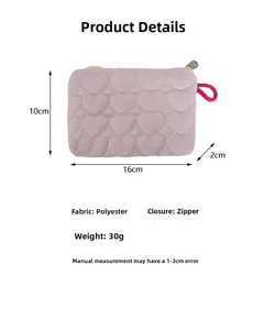 Pink heart quilted storage bag dimensions showing 16x10x2cm size with zipper closure
