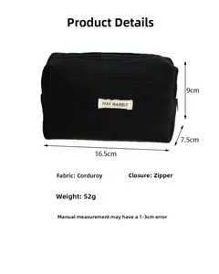 Detailed size chart of black corduroy pencil pouch with zipper closure dimensions