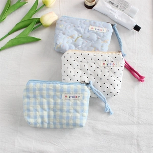 Quilted cotton makeup bag set with heart stitching, mini coin pouch in pastel colors
