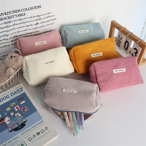 Portable corduroy pencil case and cosmetic bag in multiple colors with large capacity
