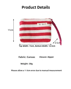Detailed dimensions of the red striped canvas coin purse with zipper closure and logo