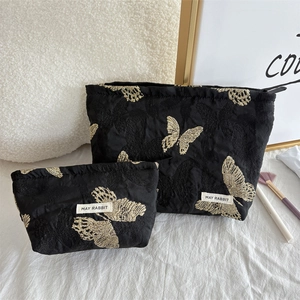 Elegant black butterfly embroidery makeup bag set with gold texture and large capacity