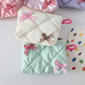 Lightweight quilted cosmetic bags with plaid bows in macaron colors and metal zippers