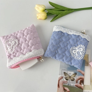 Quilted lace storage pouches with heart appliques and pearl charms in pink and blue