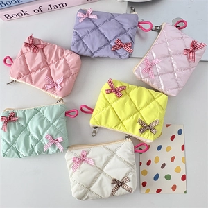 Mini Quilted Coin Purse Shiny Double Lattice Bows Lipstick Storage Bag Portable Makeup Pouch Korean Sweet For Women
