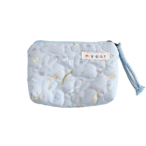 Quilted blue Cinnamoroll makeup bag with rabbit stitching and portable handle strap