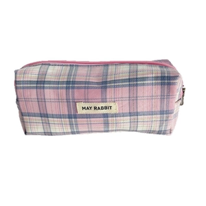 Pink and blue plaid canvas pencil case with large capacity and sturdy top zipper closure