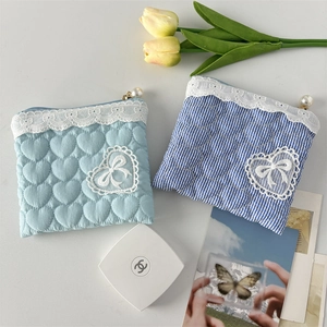 Lace square pouch set with heart quilting, stripes, and elegant pearl zipper pulls