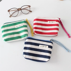 Three striped canvas mini coin purses in green, red and blue with zip closure