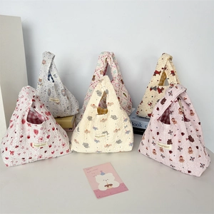 Cute Cartoon Print Quilted Handbag Lightweight Seersucker Tote For Daily Commuting Portable Casual Bag For Women