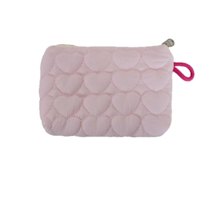 Pink heart quilted cosmetic bag with heart-shaped stitching and a metal zipper
