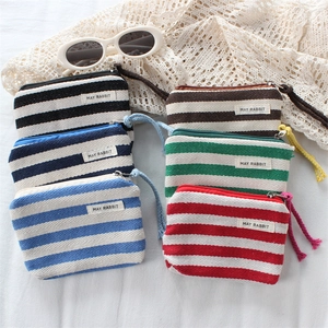 Striped Canvas Coin Purse Mini Zipper Storage Pouch With Braided Lanyard Minimalist Portable Handheld Wallet