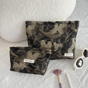 Elegant black and gold butterfly embroidery makeup bag set with large storage capacity