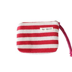 Striped fabric coin purse in red and white with herringbone texture and zipper closure