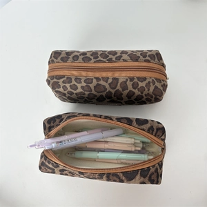 Large capacity leopard print suede pencil case for students with smooth zipper closure