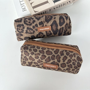 Large capacity leopard print suede pencil cases with mayrabbit leather label set of two